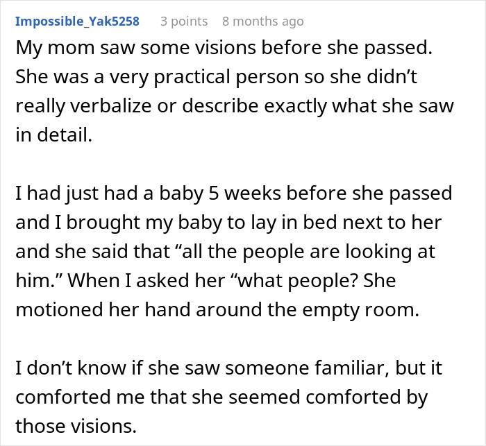 A social media post about end-of-life conversations and comforting visions seen in an empty room A social media post about end-of-life conversations and comforting visions seen in an empty room