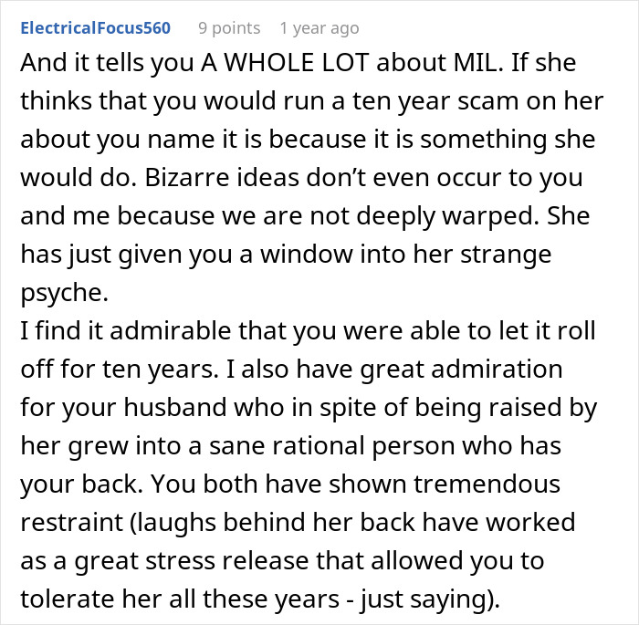 Online comment discussing MIL and DIL relations, highlighting the mother-in-law's bizarre ideas. Online comment discussing MIL and DIL relations, highlighting the mother-in-law's bizarre ideas.
