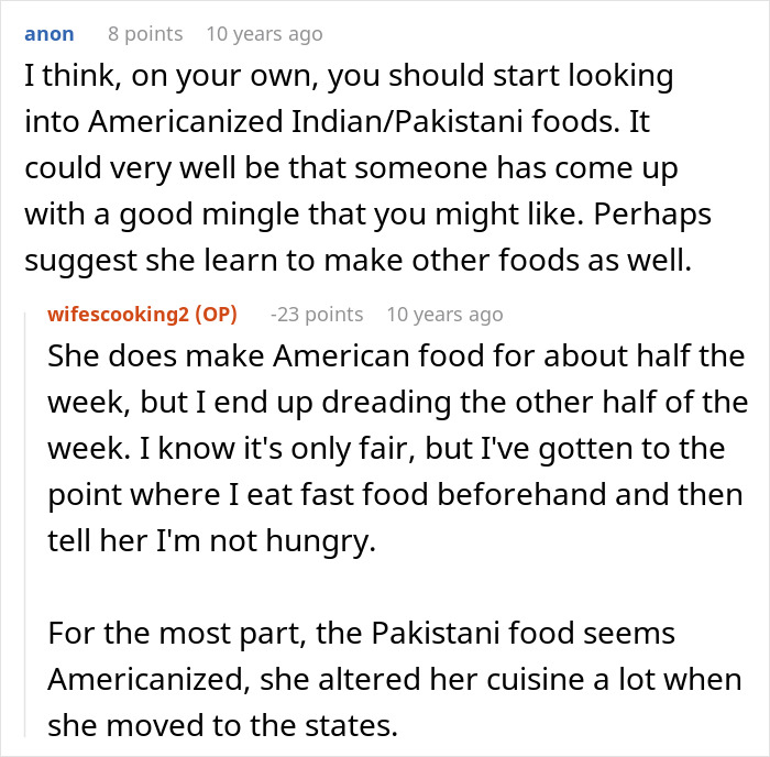 Screenshot of Reddit comments discussing wife's cultural cuisine and Americanized food options. Screenshot of Reddit comments discussing wife's cultural cuisine and Americanized food options.