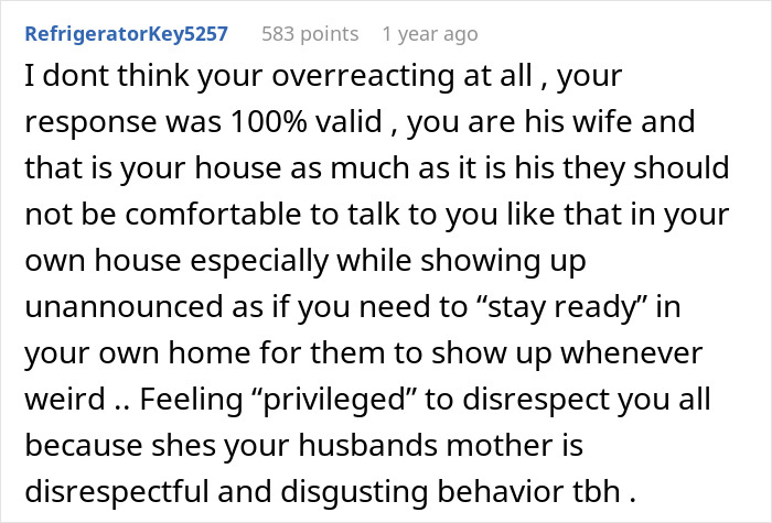 Social media comment agreeing with the decision to kick out in-laws over disrespect.