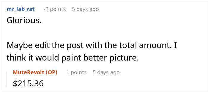 Reddit comment revealing the total Walmart grocery bill of 215.36 dollars Reddit comment revealing the total Walmart grocery bill of 215.36 dollars