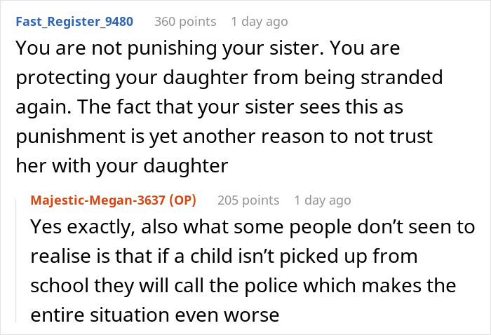 Online comments supporting a mother whose aunt leaves 8YO niece alone at school and loses trust. Online comments supporting a mother whose aunt leaves 8YO niece alone at school and loses trust.
