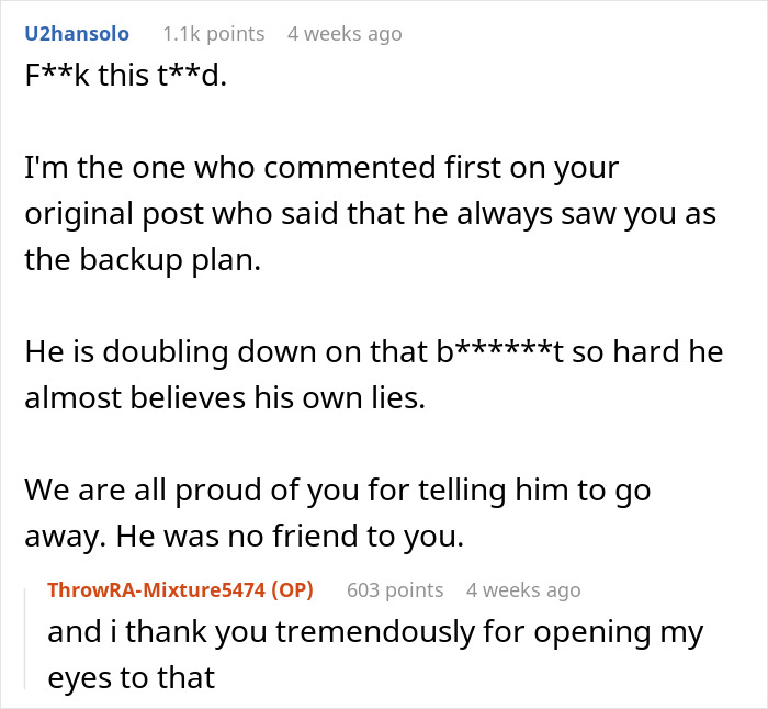A Reddit comment discussing a bestie who is seen as a backup plan, highlighting the drama when she gets engaged A Reddit comment discussing a bestie who is seen as a backup plan, highlighting the drama when she gets engaged