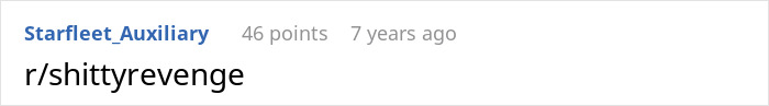 A Reddit comment from Starfleet_Auxiliary mentioning r/shittyrevenge after an employee wronged