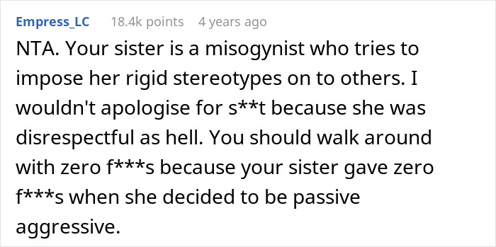 Online post calling out a sister for being passive-aggressive and imposing rigid stereotypes. Online post calling out a sister for being passive-aggressive and imposing rigid stereotypes.