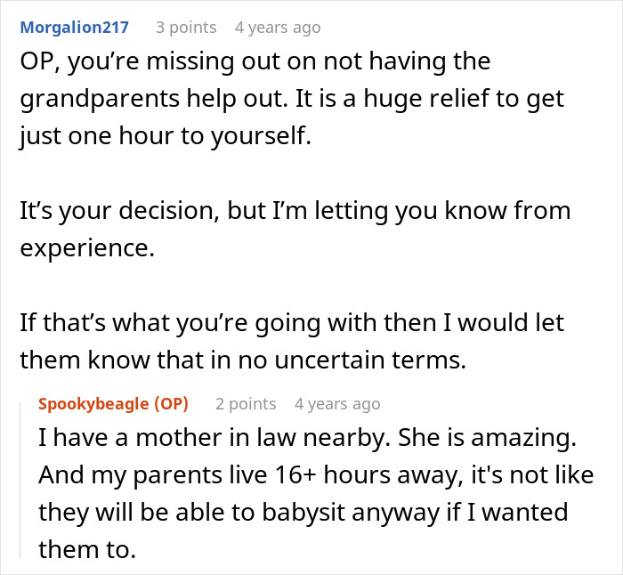 A comment discussion where a user suggests a clear boundary on receiving grandparents help before giving birth A comment discussion where a user suggests a clear boundary on receiving grandparents help before giving birth