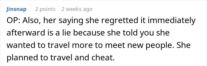 Comment discussing infidelity and broken trust during a girls trip.