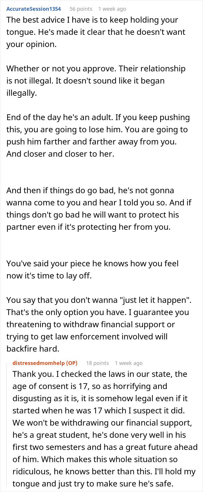 Reddit comments give advice to a mom who is losing sleep after learning who her son's girlfriend is. Reddit comments give advice to a mom who is losing sleep after learning who her son's girlfriend is.
