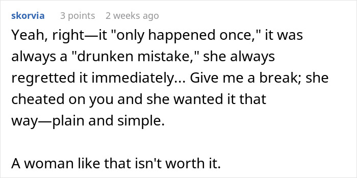 A online comment offering advice about relationship betrayal after a wife's girls trip.