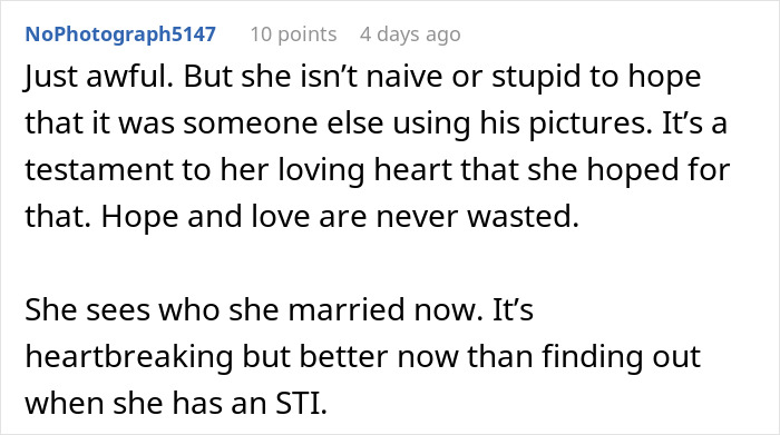 Comment about heartbreak and betrayal after discovering dating app profile