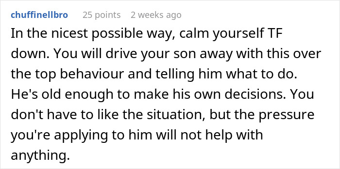 Online comment advising a mom to calm down regarding her son's girlfriend. Online comment advising a mom to calm down regarding her son's girlfriend.