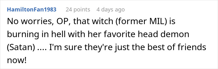 Comment about MIL burning in hell with Satan after accusing epileptic DIL of possession Comment about MIL burning in hell with Satan after accusing epileptic DIL of possession