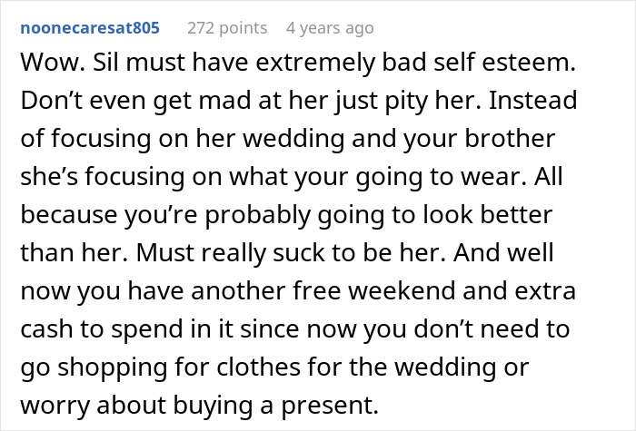 Comment discusses SIL's low self-esteem and resulting wedding conflict Comment discusses SIL's low self-esteem and resulting wedding conflict