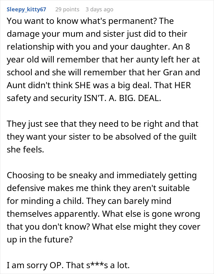Detailed comment on safety and trust after an aunt leaves 8YO niece alone at school. Detailed comment on safety and trust after an aunt leaves 8YO niece alone at school.