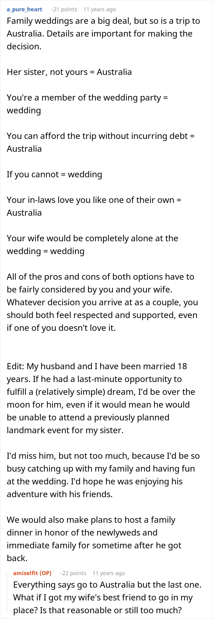 Online forum comment weighing the decision between an Australia trip and attending a SIL's wedding. Online forum comment weighing the decision between an Australia trip and attending a SIL's wedding.