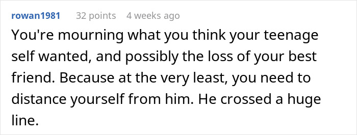 A comment about mourning the loss of a bestie after a guy waits 20 years to tell bestie he loves her. A comment about mourning the loss of a bestie after a guy waits 20 years to tell bestie he loves her.