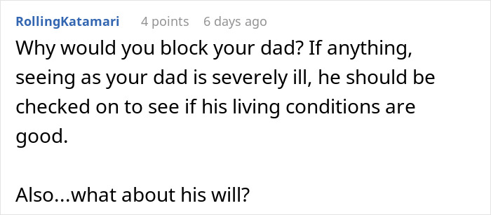Comment questioning why dad was blocked and concerns for his well-being