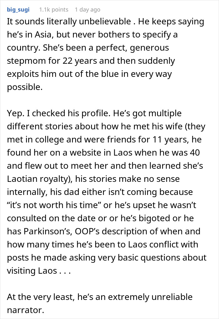 Comment describing unbelievable stepmom behavior and unreliable groom's stories in wedding drama