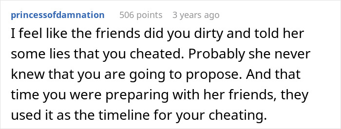 A comment speculating that friends lied about cheating to sabotage the dream proposal.