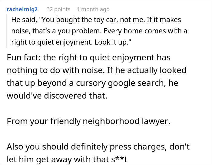 Comment discussing right to quiet enjoyment and legal advice about EV charging disputes Comment discussing right to quiet enjoyment and legal advice about EV charging disputes