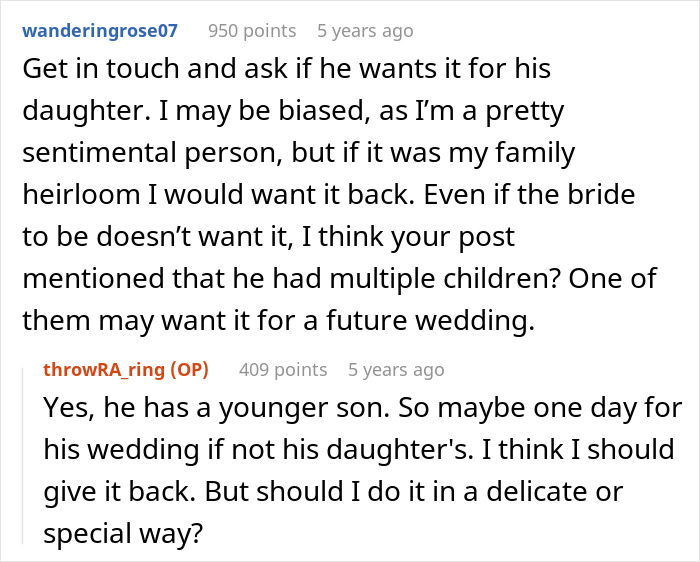 A Reddit thread discussing returning a family heirloom ring to an ex-husband A Reddit thread discussing returning a family heirloom ring to an ex-husband