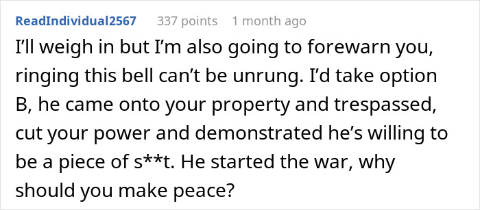 Comment warning about neighbor trespassing and power cut in EV charging dispute Comment warning about neighbor trespassing and power cut in EV charging dispute