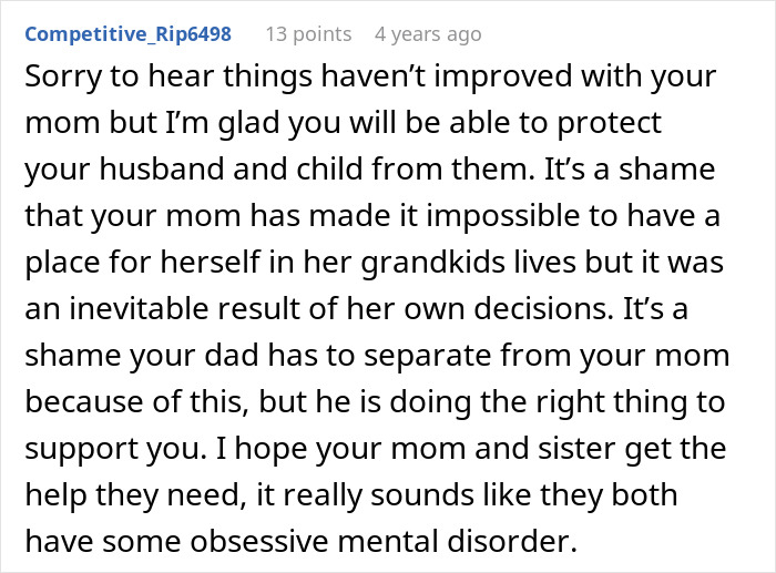 User comment reflecting on toxic family members in a story where a sister helps an ex cross every boundary.