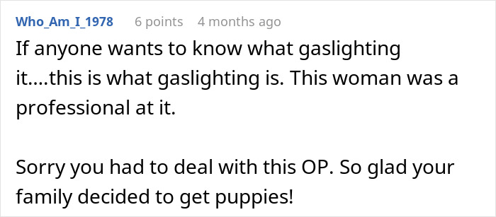 A comment calling out gaslighting after a woman throws away stepchild's food.