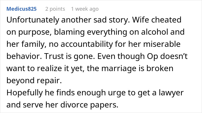 An online comment about broken trust and divorce papers after a wife cheated on a girls trip