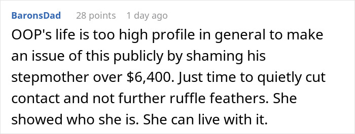 Comment discussing stepmom spending 6400 on wedding luxuries and son left with bills