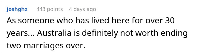 Reddit comment stating an Australia trip is not worth risking relationships over SIL's wedding. Reddit comment stating an Australia trip is not worth risking relationships over SIL's wedding.