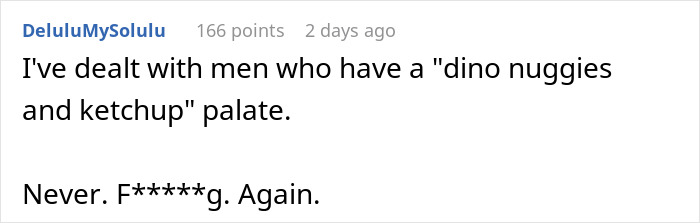 A online comment discussing a partner with simple food tastes regarding cultural cuisine. A online comment discussing a partner with simple food tastes regarding cultural cuisine.