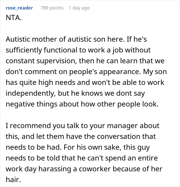 A comment from an autistic mother advising to talk to a manager about a coworker blaming autism.