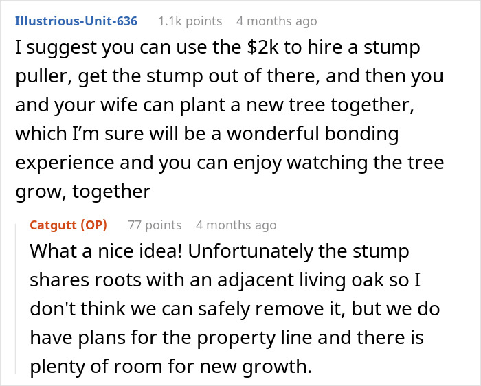 A Reddit thread discussing the cost to remove a tree stump on a property line. A Reddit thread discussing the cost to remove a tree stump on a property line.