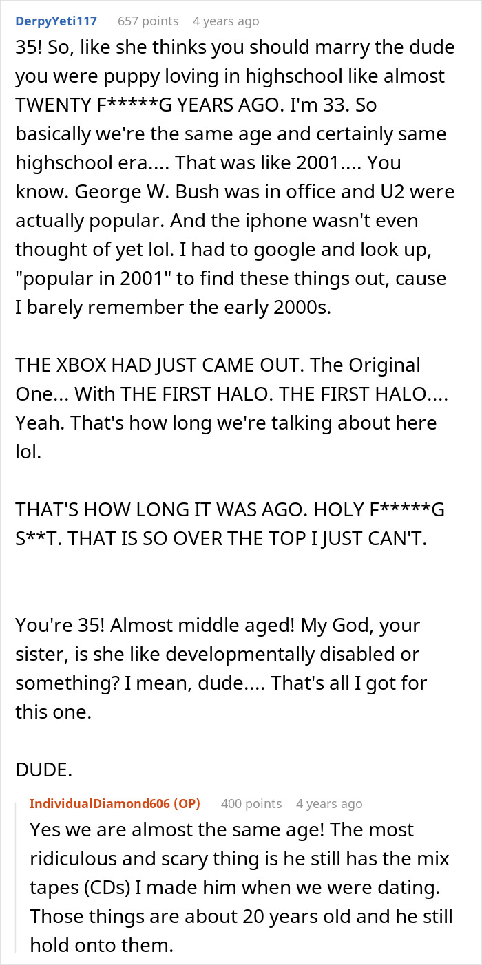 Online comments about a guy keeps pursuing ex who rejected him at 18 and her sister helps him.