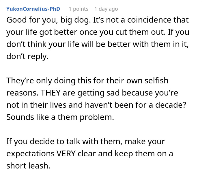 An insightful comment encouraging someone to stay no-contact with parents who dismiss son's achievements. An insightful comment encouraging someone to stay no-contact with parents who dismiss son's achievements.