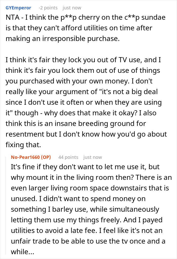 Online forum comments debating the fairness of being banned from watching TV Online forum comments debating the fairness of being banned from watching TV