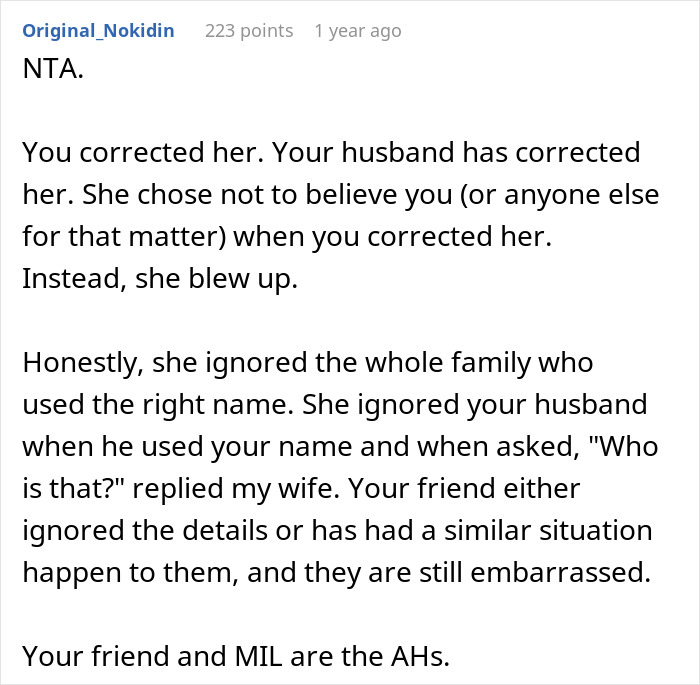 Comment discussing MIL getting DIL name wrong and reacting poorly to being corrected. Comment discussing MIL getting DIL name wrong and reacting poorly to being corrected.