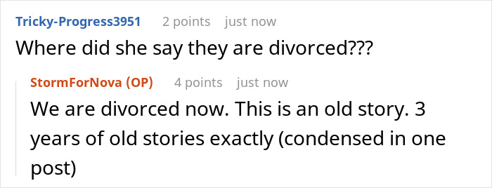 Comment revealing divorce in toxic family story Comment revealing divorce in toxic family story