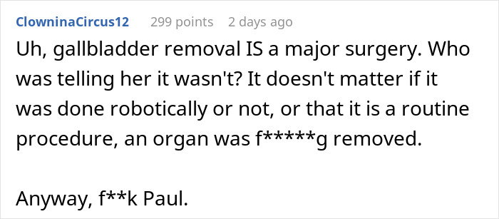 A comment detailing how gallbladder removal is a major surgery.