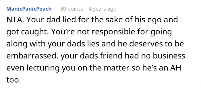 Comment on dad-shamed-daughter where a user states the father lied for his own ego. Comment on dad-shamed-daughter where a user states the father lied for his own ego.