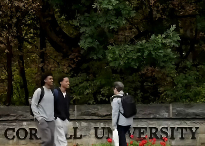Students walking near Cornell University sign relevant to Cornell 7 case Students walking near Cornell University sign relevant to Cornell 7 case