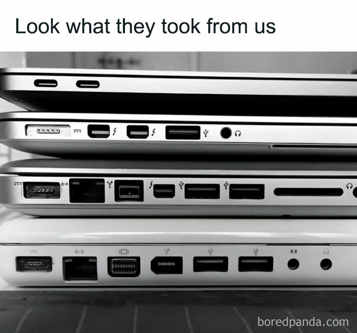 Comparison of laptop sides showing removed ports over time highlighting corporate design changes
