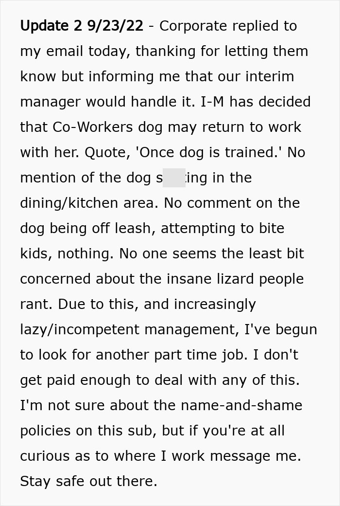 Hotel Tells Employee To Not Bring Untrained Dog To Work, She Calls Them "Satanic Reptilian Illuminati" Hotel Tells Employee To Not Bring Untrained Dog To Work, She Calls Them "Satanic Reptilian Illuminati"