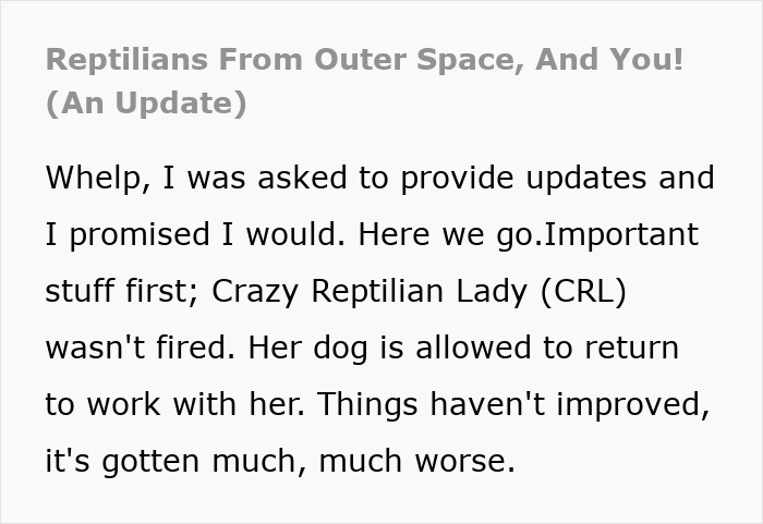Hotel Tells Employee To Not Bring Untrained Dog To Work, She Calls Them "Satanic Reptilian Illuminati" Hotel Tells Employee To Not Bring Untrained Dog To Work, She Calls Them "Satanic Reptilian Illuminati"