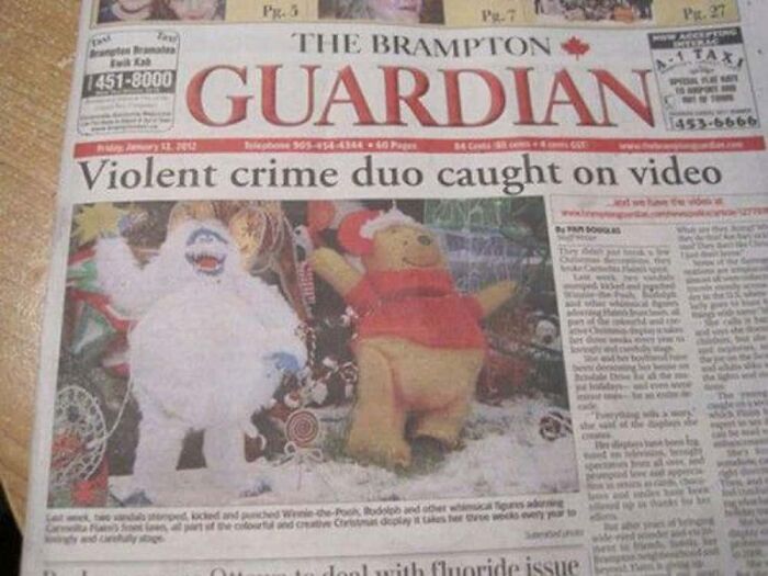 Hilarious news headlines showing Winnie the Pooh and a Yeti under a violent crime headline