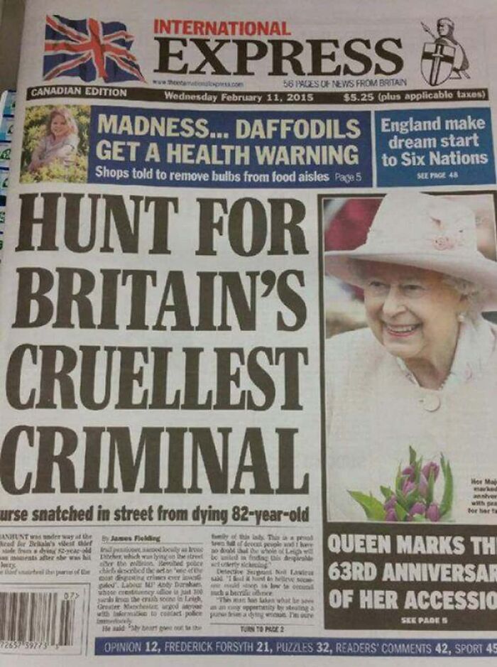 Unhinged news headlines showing the Queen next to a banner reading Hunt for Britain's Cruellest Criminal