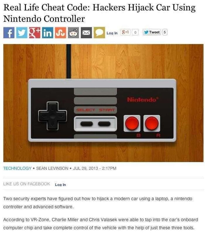 A technology article with an unhinged news headline about hackers hijacking a car using a Nintendo controller.