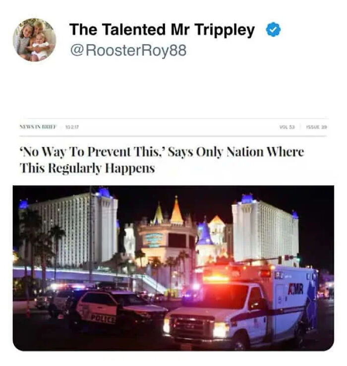 A famous satirical unhinged news headline about a tragedy in the United States with an emergency vehicle.