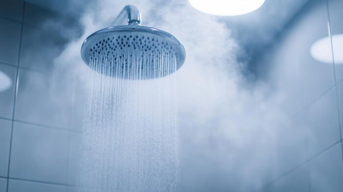 Close-up of showerhead with steaming hot water spraying